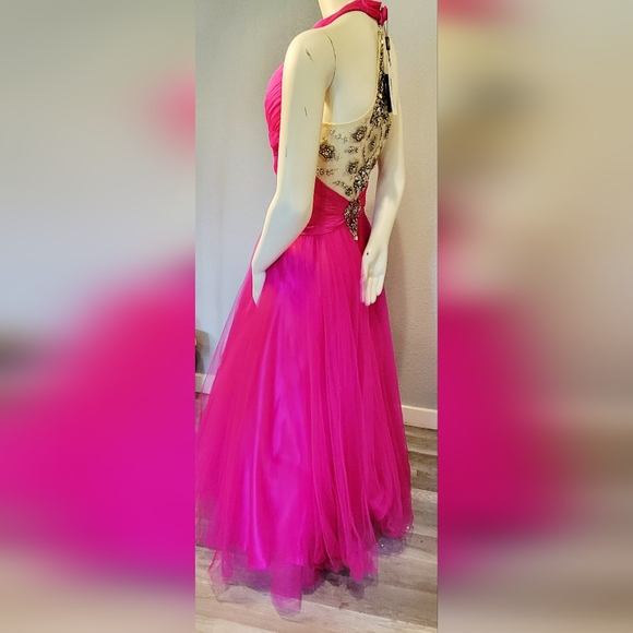 Terani Couture Fushia Halter Gown Dress S10 With Nude Push Up And Garment Bag - Picture 7 of 16